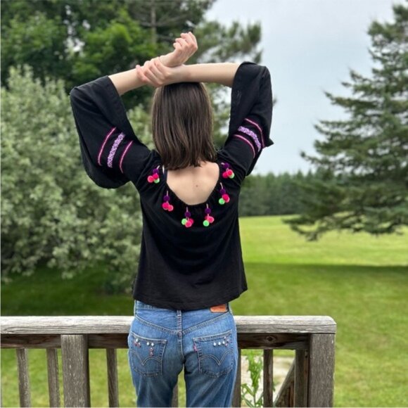 Pitusa Stretch Cotton OTS Peasant Blouse with Dingle Balls - Picture 9 of 15